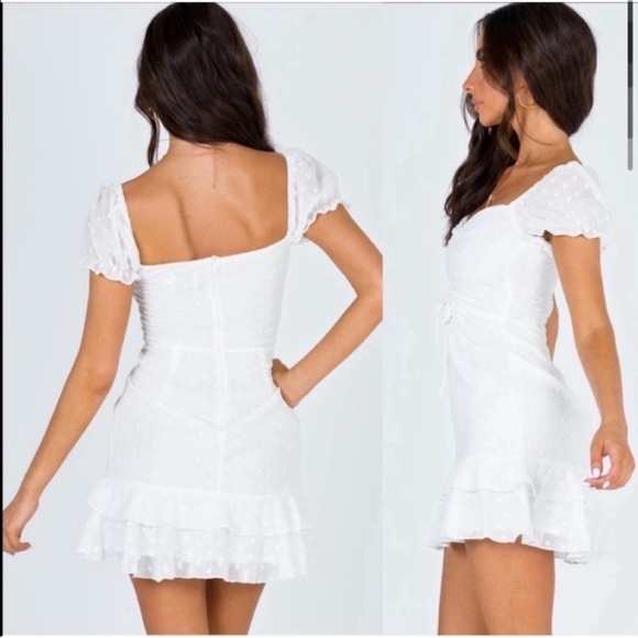 Princess Polly Mikail White Swiss Dot Puff Sleeve Sweetheart Neckline Mini Dress - Picture 2 of 11